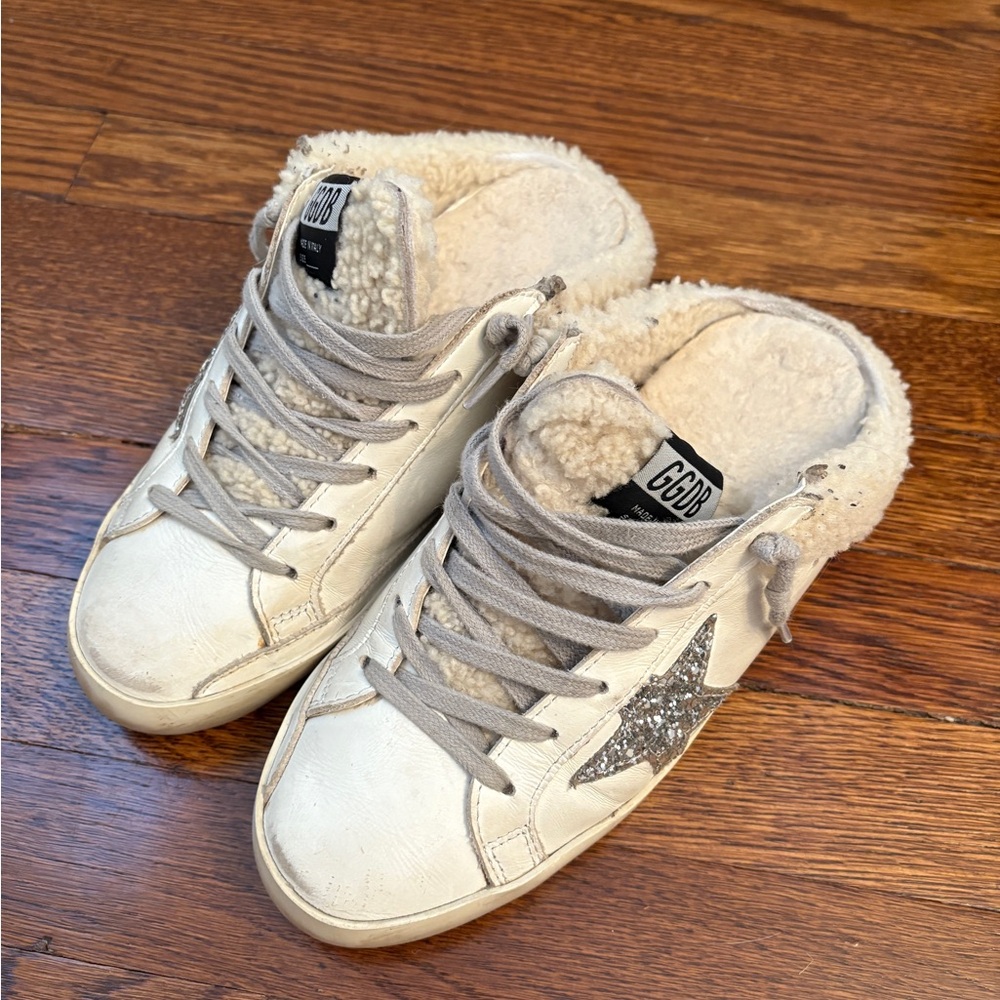 Women's Super-Star Sabot in white leather and shearling lining